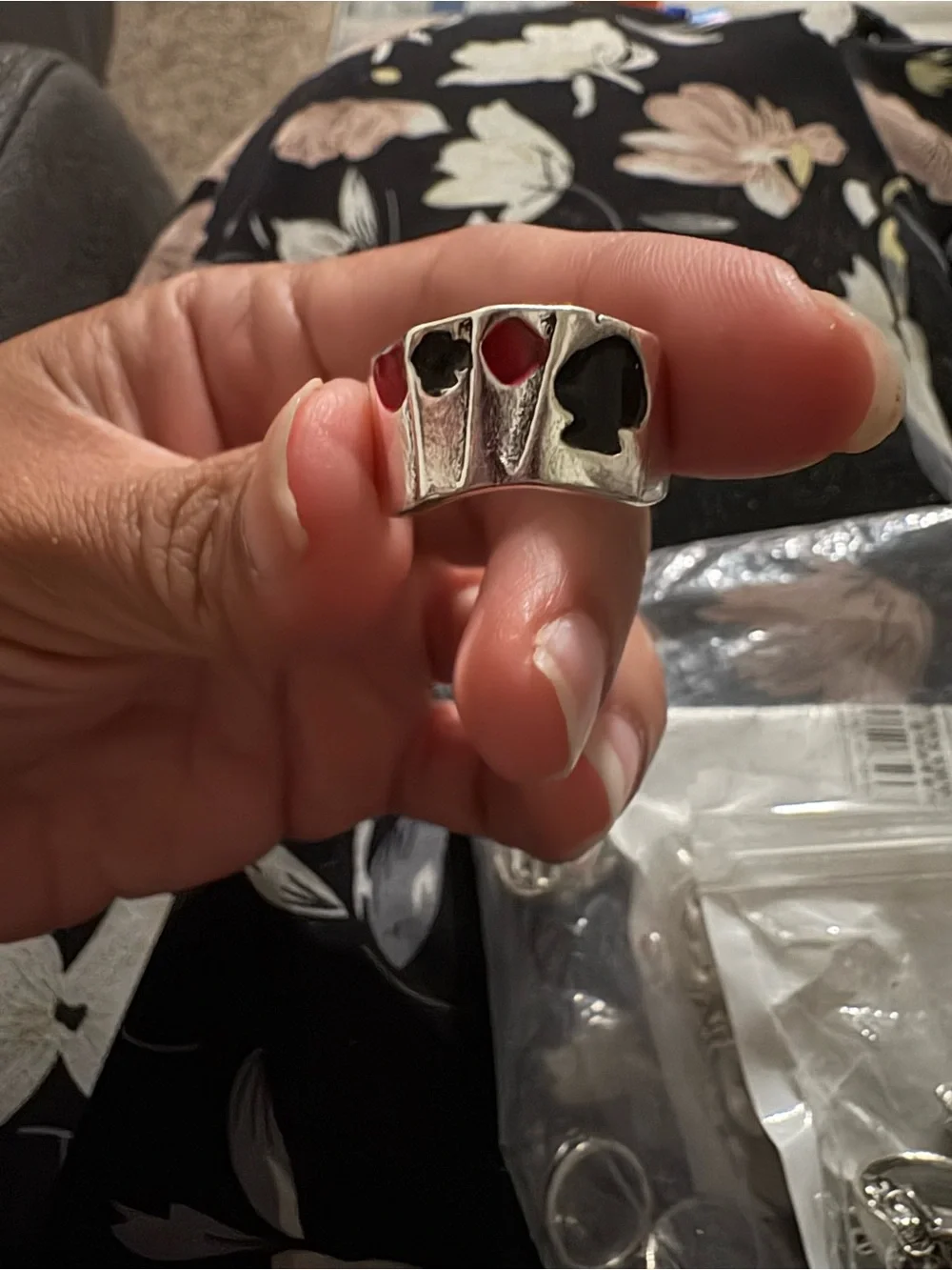 Silver Tone Men's Card-Suit Accent Ring with Black and Red Inlay